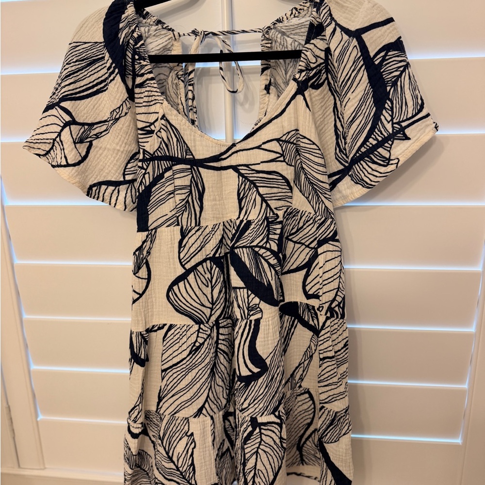 mahina blue and White Leaf-Print Midi Dress